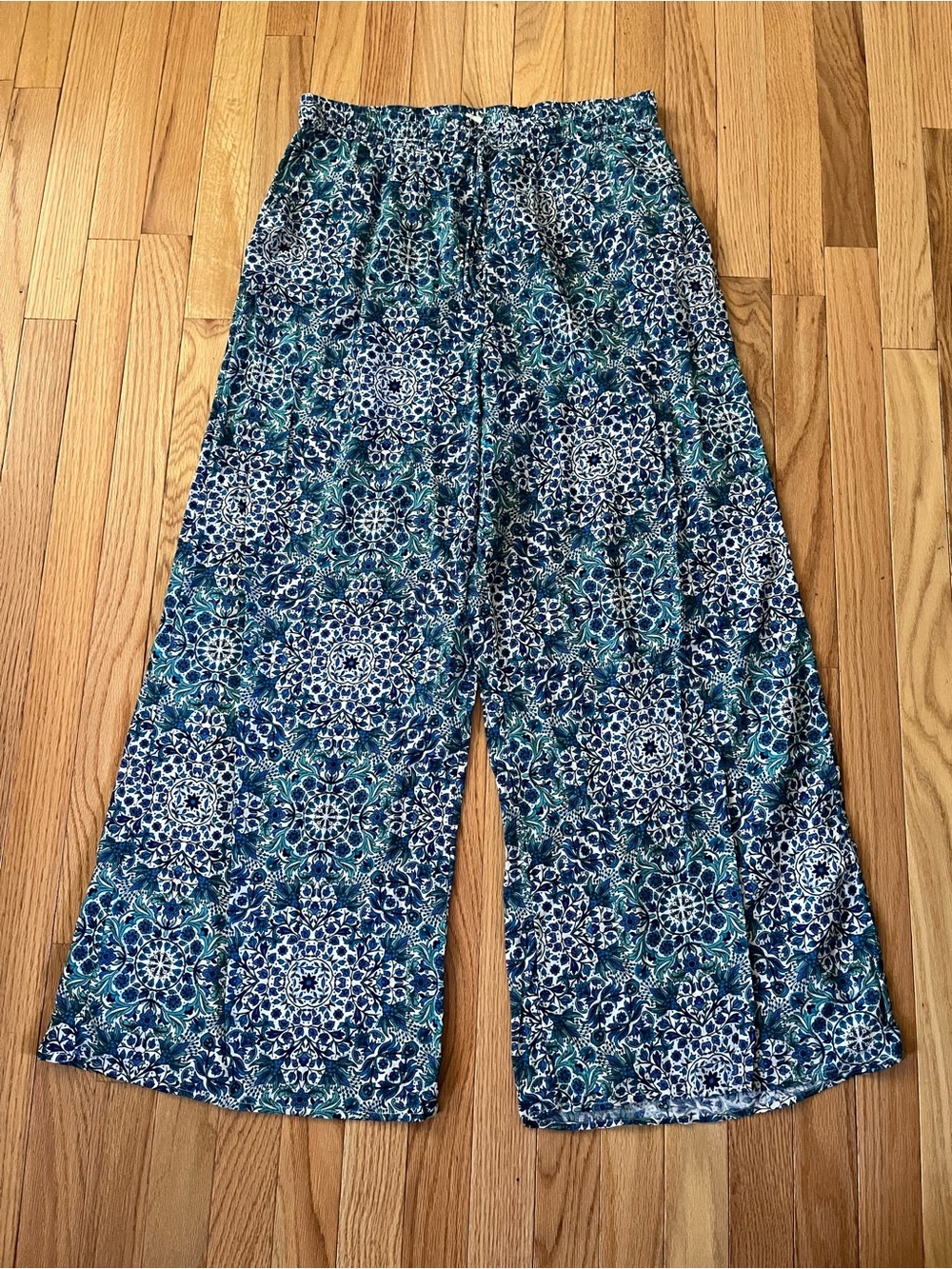 Boho Coastal Wide Leg Pants Medium Blue Tile Print Vacation 100% Cotton Beachy